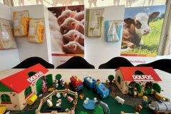 Ekspozycja Stoisko reklamowe Dolfos zawiera zabawkowe budynki gospodarcze, zwierzęta, pojazdy i figurki na stole przed plakatami ze świniami i krową, a także worki z paszą dla zwierząt z napisem Dolfos jako tło. projekt i nadzór Tatjana Kobuszewska trksystem.com