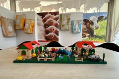 Scena gospodarstwa rolnego wykonana z klocków znajduje się przed ekspozycją z workami paszowymi, zdjęciami zwierząt gospodarskich i marką DOLFOS - tworząc angażujące stoisko reklamowe Dolfos z wyraźnym motywem rolniczym. projekt i nadzór Tatjana Kobuszewska trksystem.com