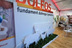 Stoisko reklamowe Dolfos z dużym szyldem "DOLFOS" i polskim tekstem, wyróżnia się białymi sylwetkami zwierząt (owca, koza, krowa) na trawiastej ekspozycji, w namiocie z drewnianą podłogą i białymi krzesłami w tle. projekt i nadzór Tatjana Kobuszewska trksystem.com