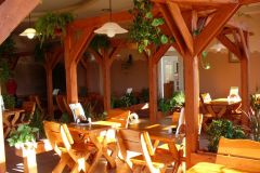 Przytulna kawiarnia w leśne runo sieć barów, z drewnianymi stołami, ławami i belkami, ozdobiona jest wiszącymi roślinami i zielenią. Wpada do środka światło słoneczne, tworząc ciepłą i przyjazną atmosferę. Menu i przyprawy spoczywają na stołach. projekt i nadzór Tatjana Kobuszewska trksystem.com