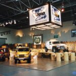 Kryta wystawa Jeepa w Stoisku Jeep na Expo XXI z trzema pojazdami wystawionymi na platformach. Duży podświetlany napis Jeep Club Polska. Biały Jeep jest podniesiony na kłodach, a w tle zamontowany jest zielony znak "Tylko w Jeepie". projekt i nadzór Tatjana Kobuszewska trksystem.com