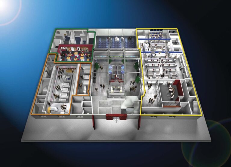 Plan 3D nowoczesnego budynku, podzielonego na strefy oznaczone kolorami, zaprojektowany przez Tatjanę Kobuszewską. Widoczne obszary obejmują lobby, salę wykładową, sale lekcyjne, biura i sale konferencyjne-projekt i nadzór trksystem.com. Światło słoneczne świeci z lewego górnego rogu. projekt i nadzór Tatjana Kobuszewska trksystem.com