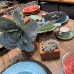 Drewniany stół zastawiony jest kolorowymi ceramicznymi talerzami w czerwieni, turkusie i czerni - podobnie jak w Kongresie Szefów Kuchni FineDine - w towarzystwie filiżanek, kieliszków do wina i sztućców. Centralnym elementem wystroju są liście kapusty, mech i ceglana donica z terakoty. projekt i nadzór Tatjana Kobuszewska trksystem.com