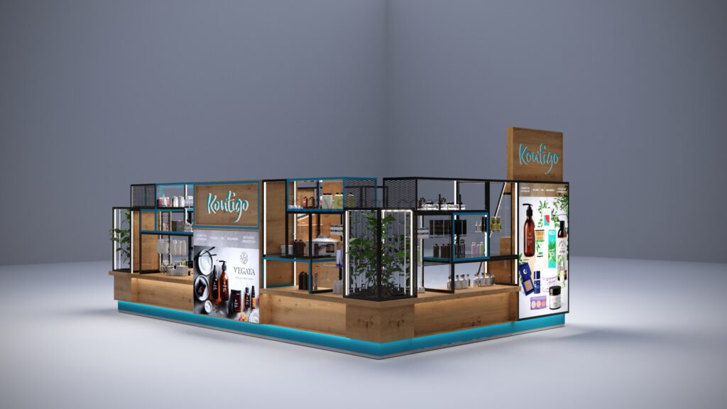 Nowoczesny kiosk typu „wyspa handlowa” ze szklanymi półkami, drewnianymi panelami i czarnymi ramami eksponuje kosmetyki. Małe rośliny doniczkowe dodają mu uroku, a podświetlane półki i plakaty podkreślają produkty do pielęgnacji skóry i włosów pod jasnym napisem „Koskipo”. projekt i nadzór Tatjana Kobuszewska