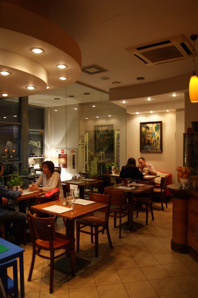 Przytulne, ciepło oświetlone wnętrze baru Toscana Bistro z drewnianymi stołami i krzesłami. Pary siedzą przy oddzielnych stolikach, prowadząc ciche rozmowy. Nowoczesne lampy sufitowe i dekoracje ścienne podkreślają zachęcającą atmosferę, a duże frontowe okna odsłaniają noc na zewnątrz. projekt i nadzór Tatjana Kobuszewska trksystem.com