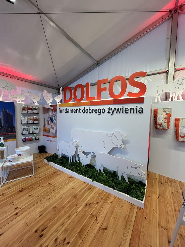 Stoisko targowe z drewnianą podłogą zawiera duży napis DOLFOS z pogrubionymi czerwonymi literami nad polskim tekstem fundament dobrego żywienia. Ekspozycja obejmuje białe sylwetki zwierząt (krowa, koń, świnia, owca, koza) na ścianie z zielonymi liśćmi u podstawy. projekt i nadzór Tatjana Kobuszewska trksystem.com