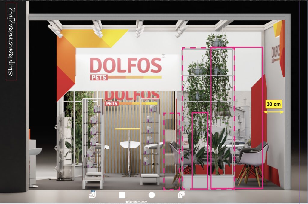 Stoisko DOLFOS PETS na targach Interzoo Norymberga wyróżnia się białym tłem z czerwonymi, pomarańczowymi i żółtymi akcentami geometrycznymi, roślinami, nowoczesnymi krzesłami oraz żółtą etykietą "30 cm" przy szklanej konstrukcji. projekt i nadzór Tatjana Kobuszewska
