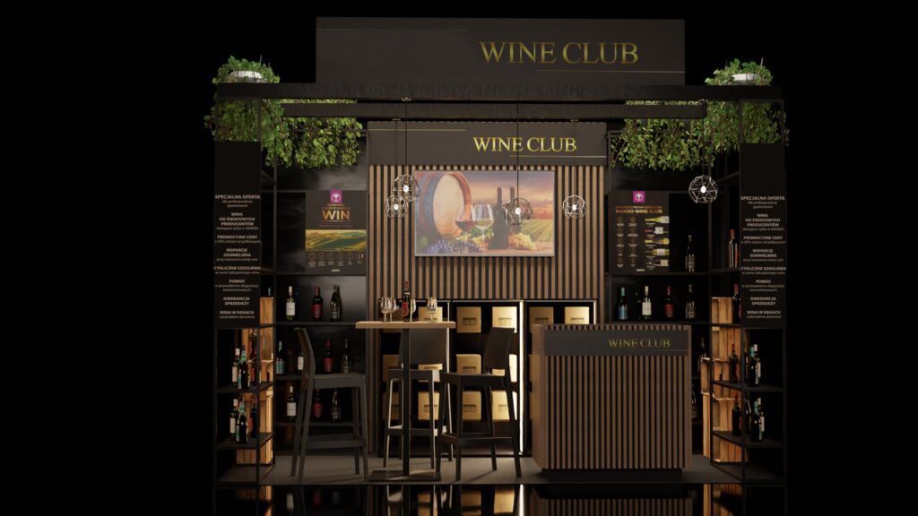 Nowoczesne stoisko targowe klubu winiarskiego utrzymane w ciemnej kolorystyce, wyposażone w centralną ladę do degustacji w hali handlowej z wysokimi krzesłami, półkami z butelkami wina oraz podświetlanym napisem, a także ozdobione roślinami dekoracyjnymi i pionowymi listwami ściennymi. projekt i nadzór Tatjana Kobuszewska