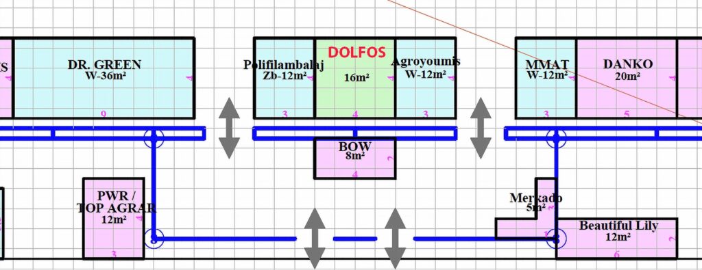 Na fragmencie planu widoczne są oznaczone prostokątami pomieszczenia, ”, „DOLFOS”, „BOW”, „PWR/TOP AGRA”, „DANKO”, „MMAT”, „Beautiful Lily” oraz „Mercado”, przy czym większość powierzchni ma powierzchnię od 5 do 36 m². Niebieskie linie i strzałki łączą pomieszczenia, podkreślając układ obiektu Hala. projekt i nadzór Tatjana Kobuszewska