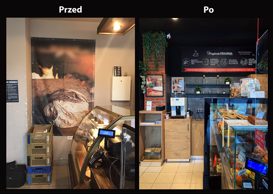 Zestawienie stanu przed przebudową i po niej w małym lokalu piekarni Przystanek przy Żabińskiego. projekt i nadzór Tatjana Kobuszewska trksystem.com