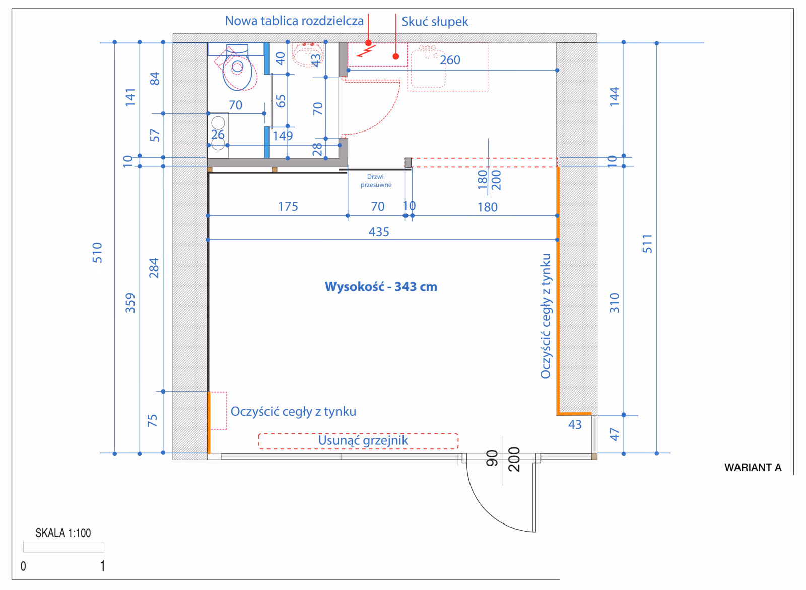 Rzut lokalu piekarni przy Kilińskiego 1 z wymiarami: sala 4,35 na 3,59 metra, wysokość 343 cm, zaplecze z toaletą i drzwi przesuwne. projekt Tatjana Kobuszewska trksystem.com