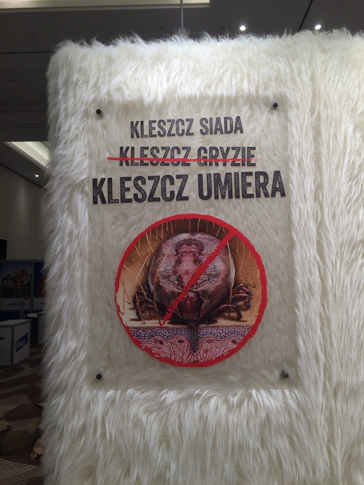 Tablica z hasłem o kleszczu wkomponowana w ścianę z białego futra