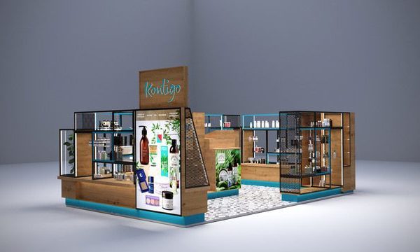 Wyspa handlowa Kontigo — modułowa konstrukcja dla sieci kosmetycznej w polskich galeriach handlowych. Modułowa konstrukcja stalowa wyspy Kontigo — lakierowane kształtowniki, regały ze szkła. projekt i nadzór Tatjana Kobuszewska